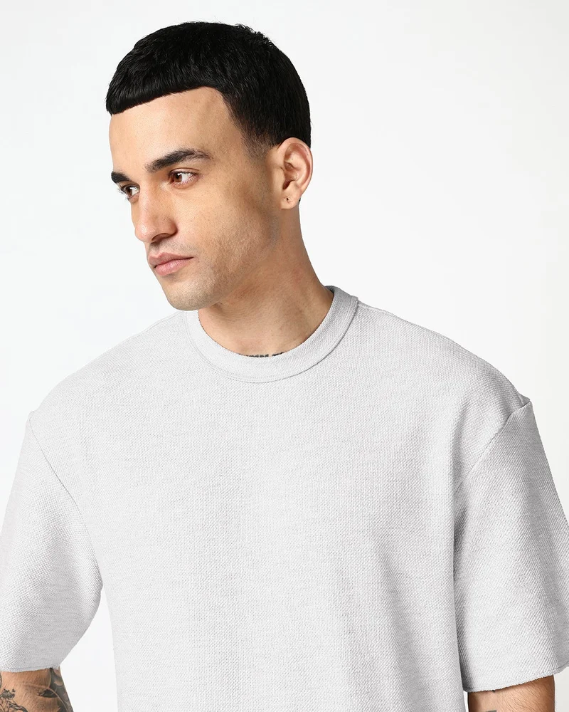 bewakoof Men's Light Grey Textured Oversized T-shirt